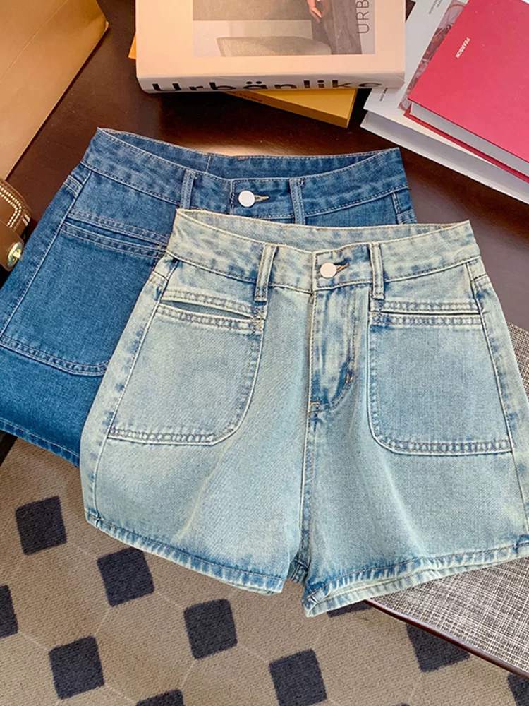 Quần short denim dáng chữ A dành cho nữ, size lớn mùa hè, cạp cao, che hông, dáng nhỏ nhắn, tôn dáng, quần ống rộng