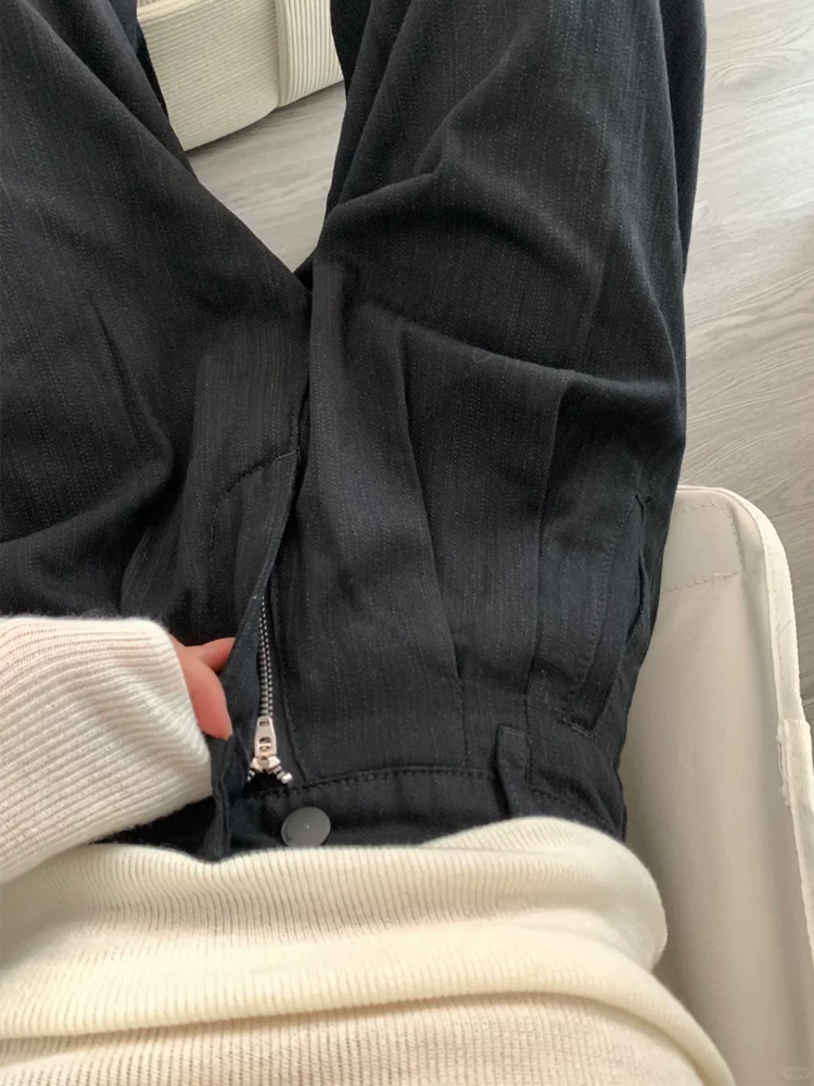 Quần jean đen xếp ly ống rộng cho nữ, mùa thu, cỡ lớn, lưng cao, dáng rộng, che hông, tôn dáng, chất liệu có vân, quần dài chạm sàn