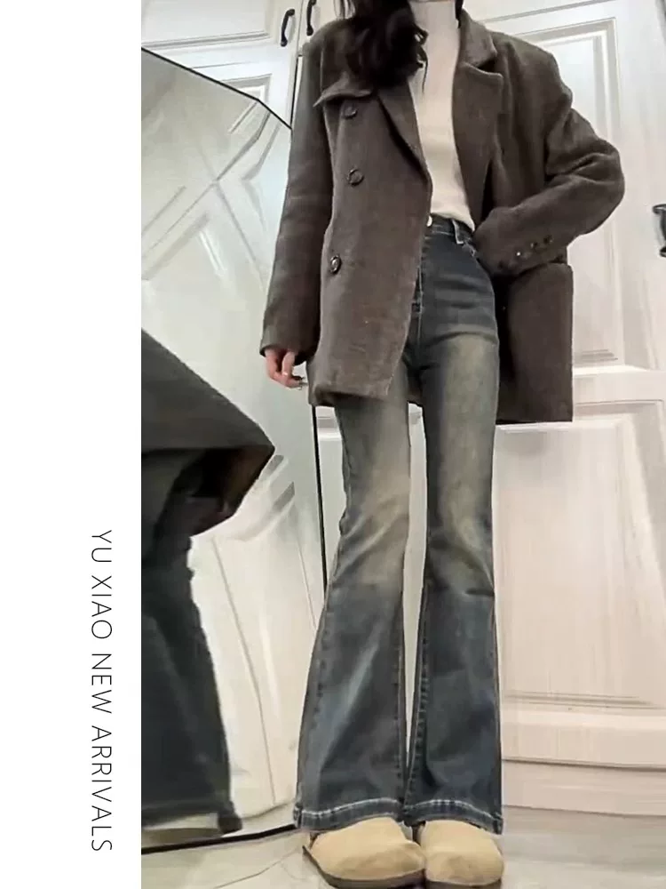 Quần jean xanh vintage dáng loe dành cho nữ, mùa thu đông, lót lông cừu, dày dặn, cỡ lớn, cạp cao, che hông, dáng suôn, tôn dáng, quần ống chuông.