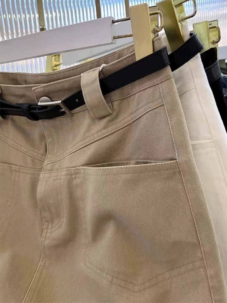 Váy công sở màu kaki dành cho nữ, cỡ lớn mùa hè, váy nửa thân denim, lưng cao, che hông, váy bút chì chữ A thon gọn, váy ngắn.