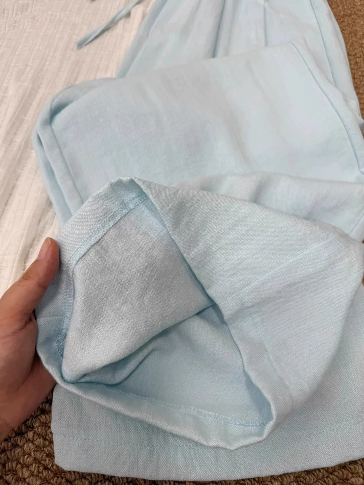 Quần ống rộng vải lanh màu xanh dành cho nữ, mùa hè, cỡ lớn, lưng cao, giảm béo, dáng suôn, dáng quả lê, quần cotton-linen thường ngày chất liệu Tencel