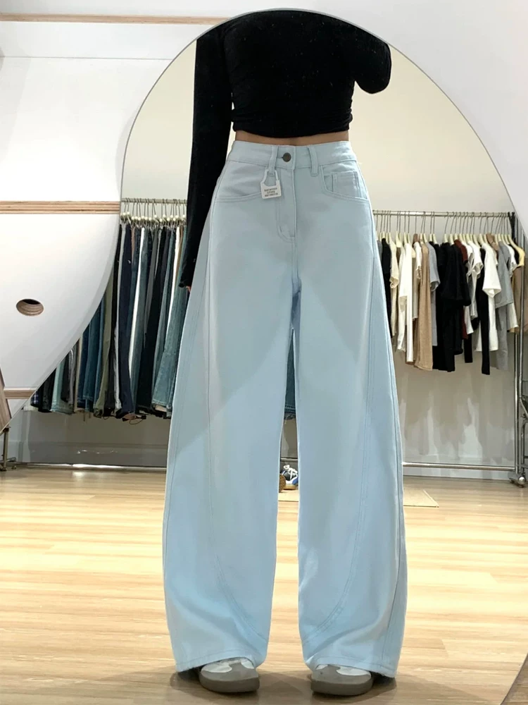 Quần jean viền cong màu xanh nhạt dành cho nữ, mùa thu, cỡ lớn, lưng cao, dáng rộng, thon gọn, dáng quả lê, quần ống rộng thẳng