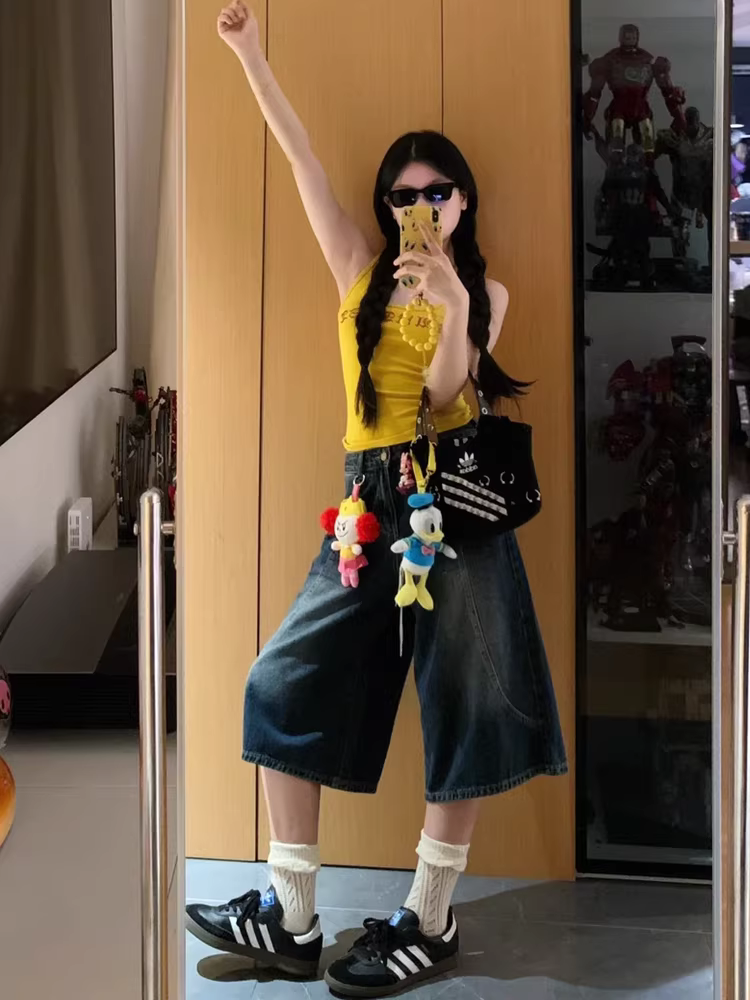 Quần jean ống đứng cổ điển dành cho nữ, cỡ lớn mùa hè, cạp cao, che hông, giảm béo, dáng quả lê, quần ống rộng dài đến giữa bắp chân