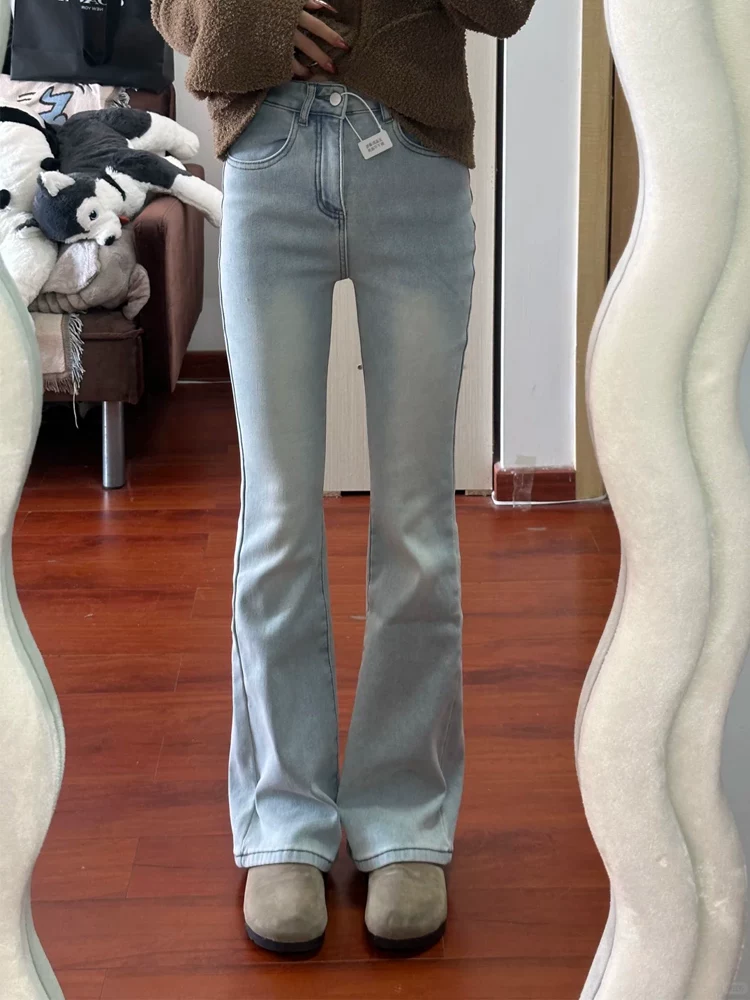 Quần jean ống loe dày lót lông cừu dành cho nữ, mùa thu đông, cỡ lớn, lưng cao, co giãn, giảm béo, dáng quả lê, quần ống chuông