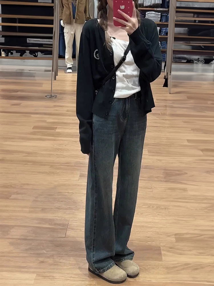 Quần jean ống thẳng màu xám xanh dành cho nữ, phong cách mới đầu thu, cỡ lớn, lưng cao, dáng rộng, che hông, giảm béo, quần dài ống rộng