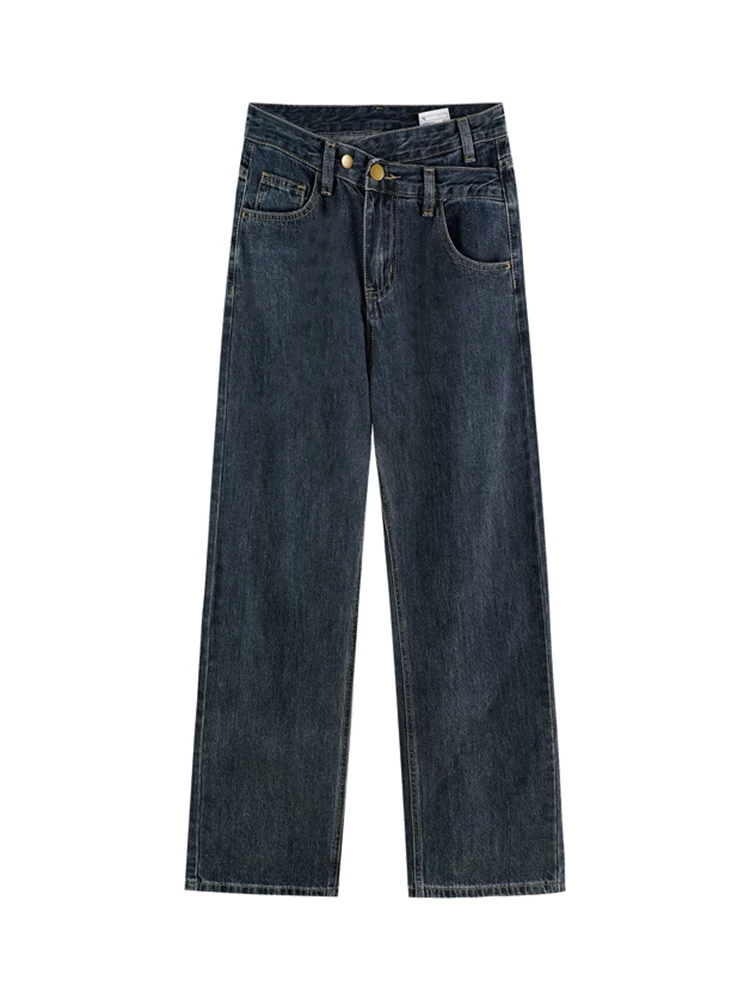 Thiết kế dáng quả lê, quần jean ống thẳng không đều, phong cách mới đầu thu, hơi mũm mĩm mm, quần ống rộng cạp cao, tôn dáng