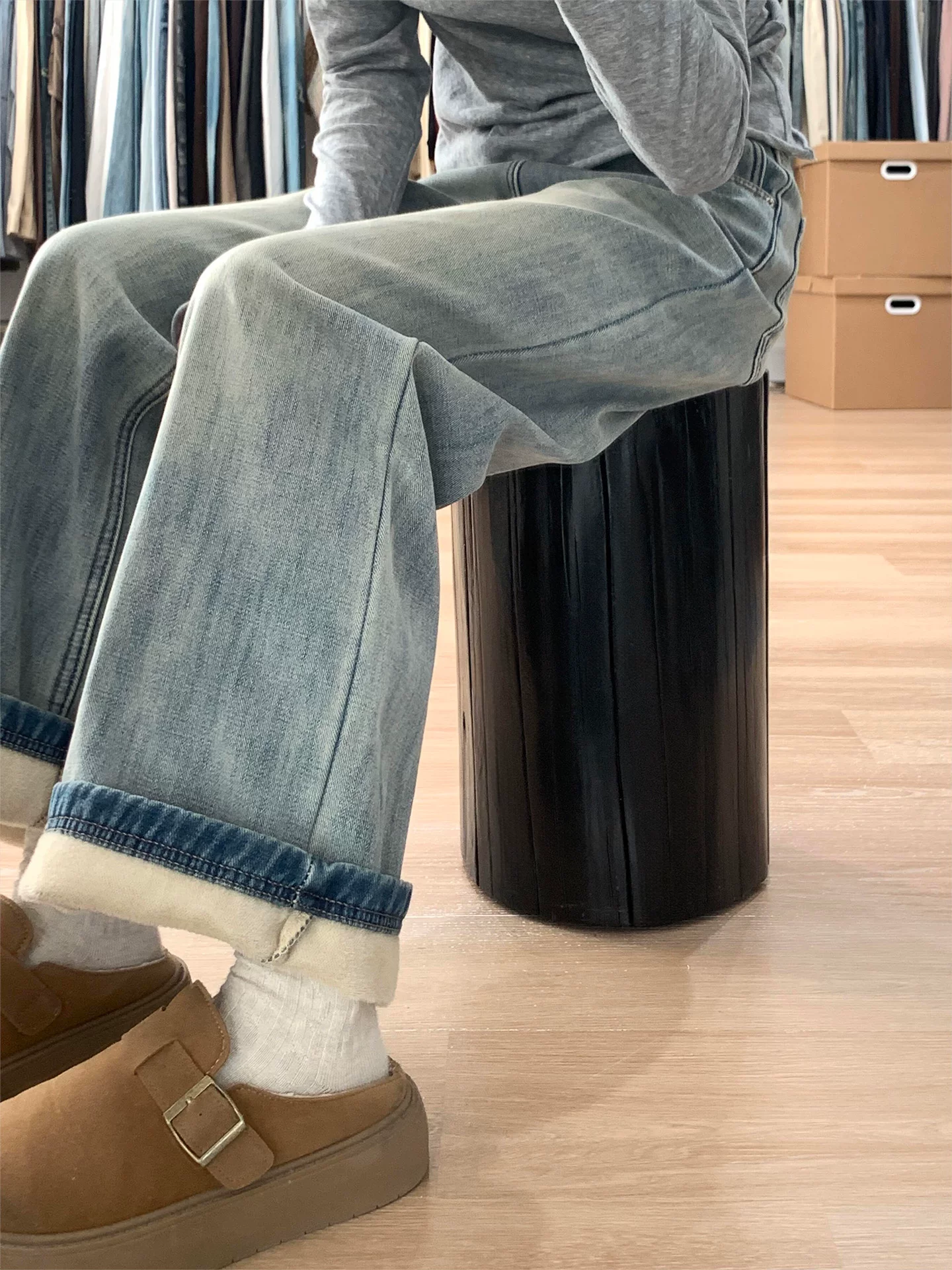 Quần jean ống rộng dày lót lông cừu dành cho nữ, mùa thu đông, cỡ lớn, lưng cao, dáng rộng, giảm béo, dáng quả lê, quần ống thẳng