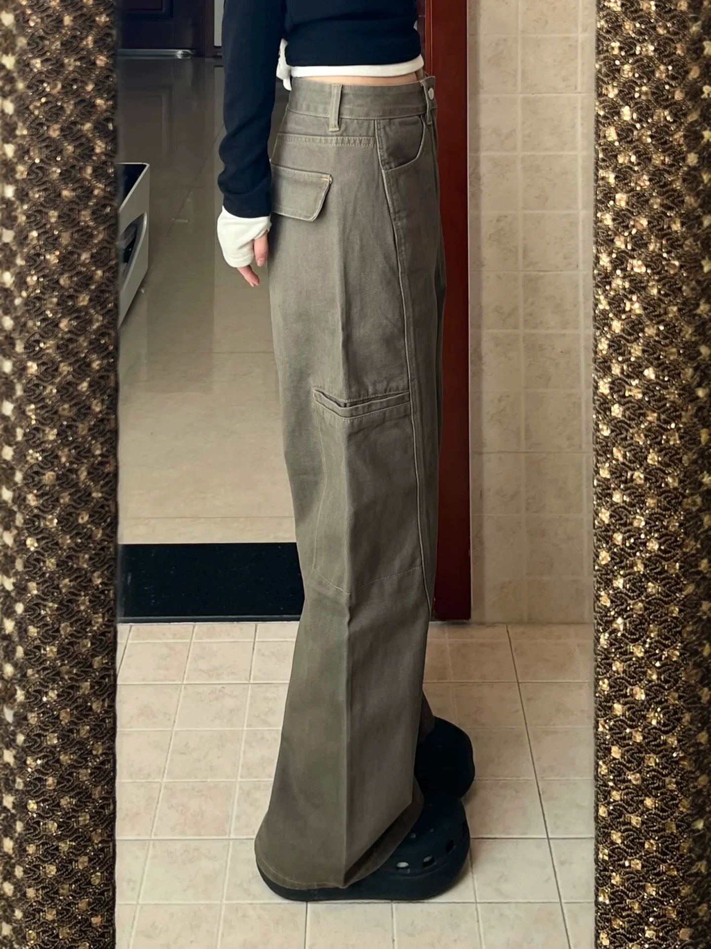 Quần cargo ống rộng màu xám dành cho nữ, phong cách đầu thu, cỡ lớn, lưng cao, dáng rộng, dáng thon gọn, dáng quả lê, quần jean ống thẳng
