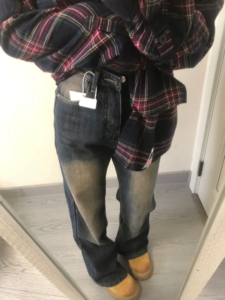 Quần jean ống loe dày lót lông cừu không co giãn dành cho nữ, phong cách thu đông, cỡ lớn, lưng cao, dáng rộng, giảm béo, quần ống rộng.