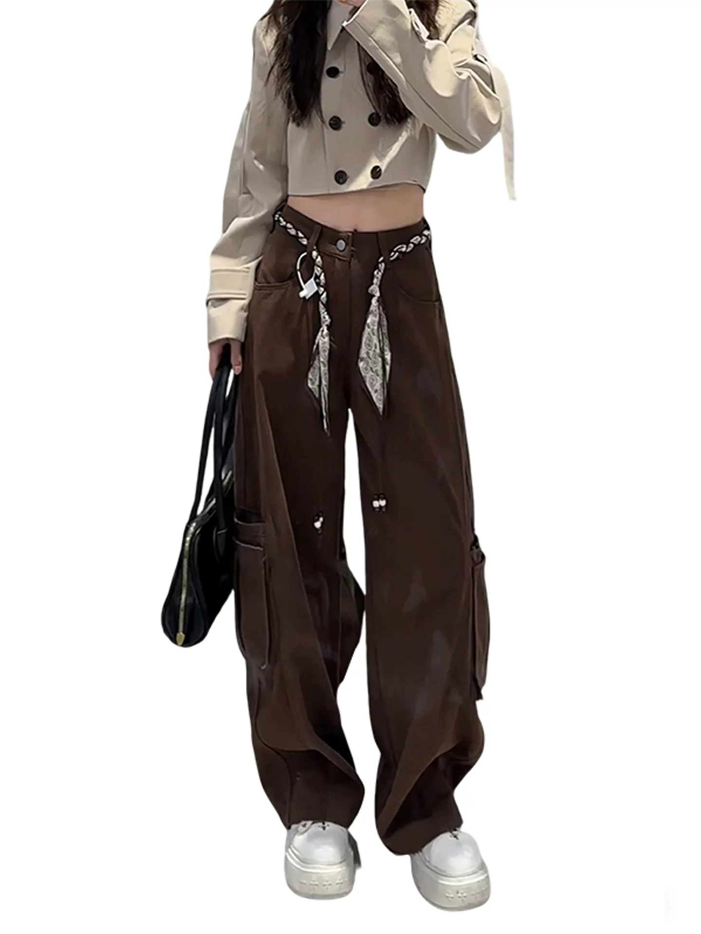 Quần âu màu cà phê Melard dành cho nữ, thiết kế mùa thu 2025, size lớn, cạp cao, dáng rộng, tôn dáng, ống rộng