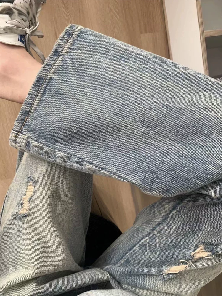 Quần jean rách màu xanh cổ điển hình quả lê dành cho nữ, cỡ lớn mùa thu, cạp cao, dáng rộng, che hông, quần ống rộng giảm béo