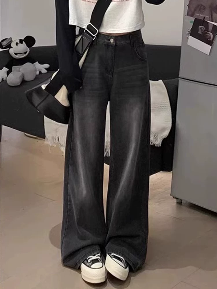 Quần jean ống đứng màu đen và xám dành cho nữ, cỡ lớn, kiểu dáng mới mùa thu, cạp cao, dáng rộng, che hông, tôn dáng, ống rộng, dài chạm sàn.