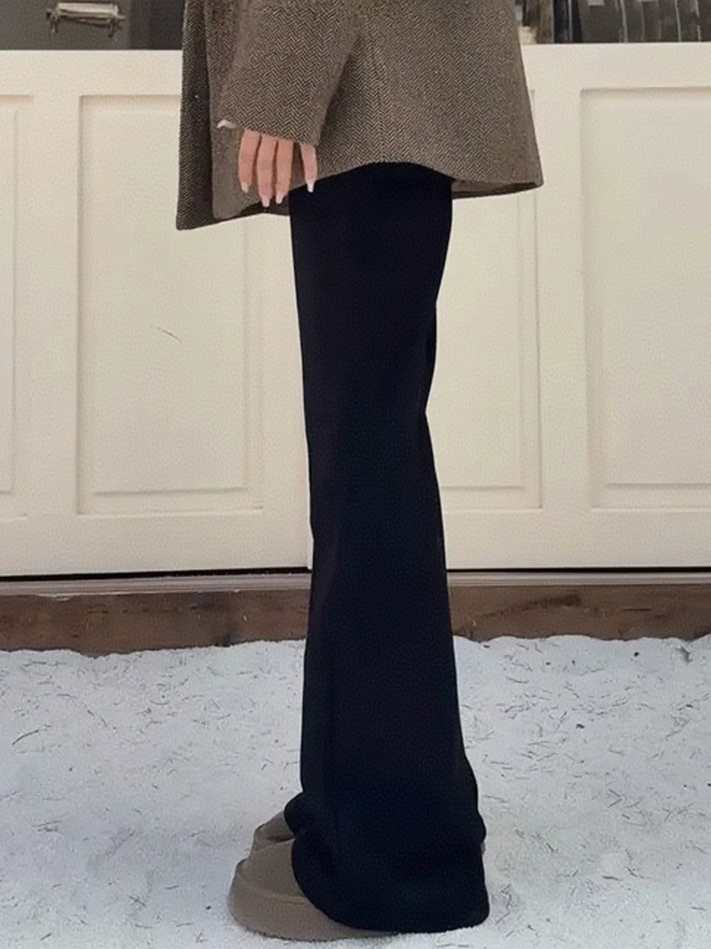 Quần ống loe màu đen dành cho nữ, mùa thu đông, cỡ lớn, lưng cao, co giãn, giảm béo, lót lông cừu, dày dặn, quần denim ống loe