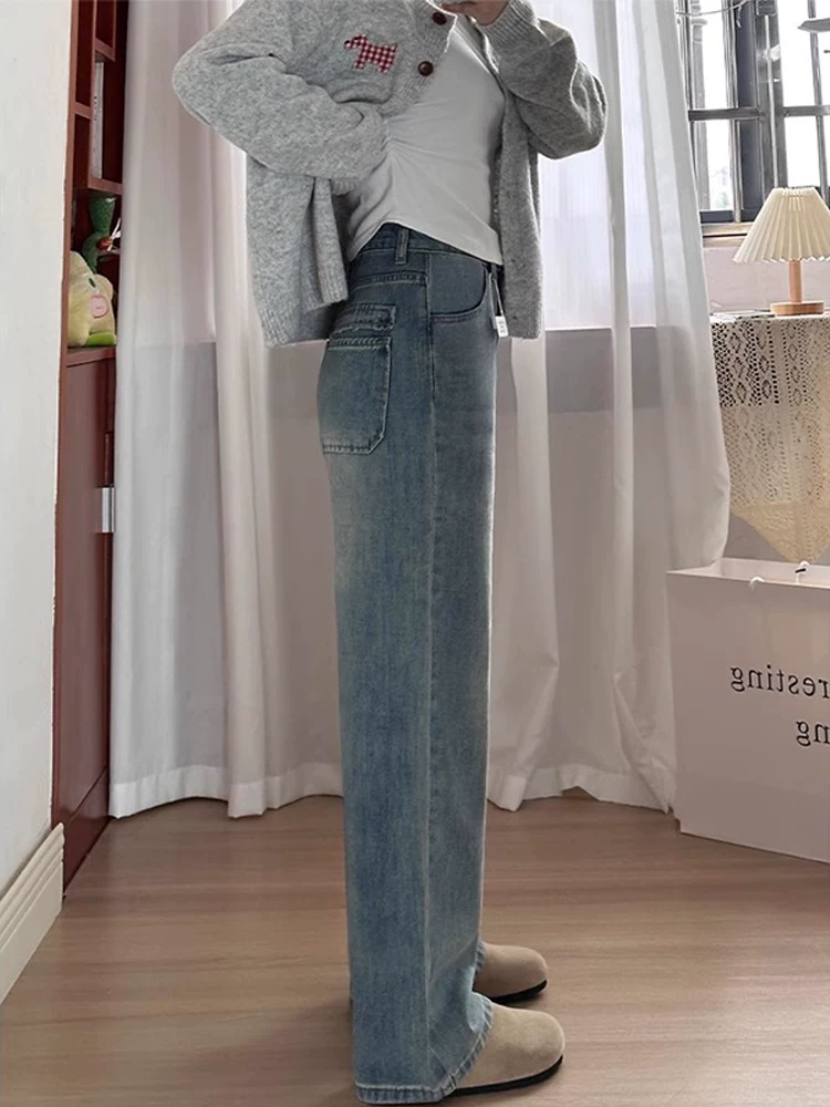 Quần jeans dáng chuông ống đứng cho nữ thu đông 2024, size lớn, cạp cao, rộng rãi, tôn dáng, ống rộng