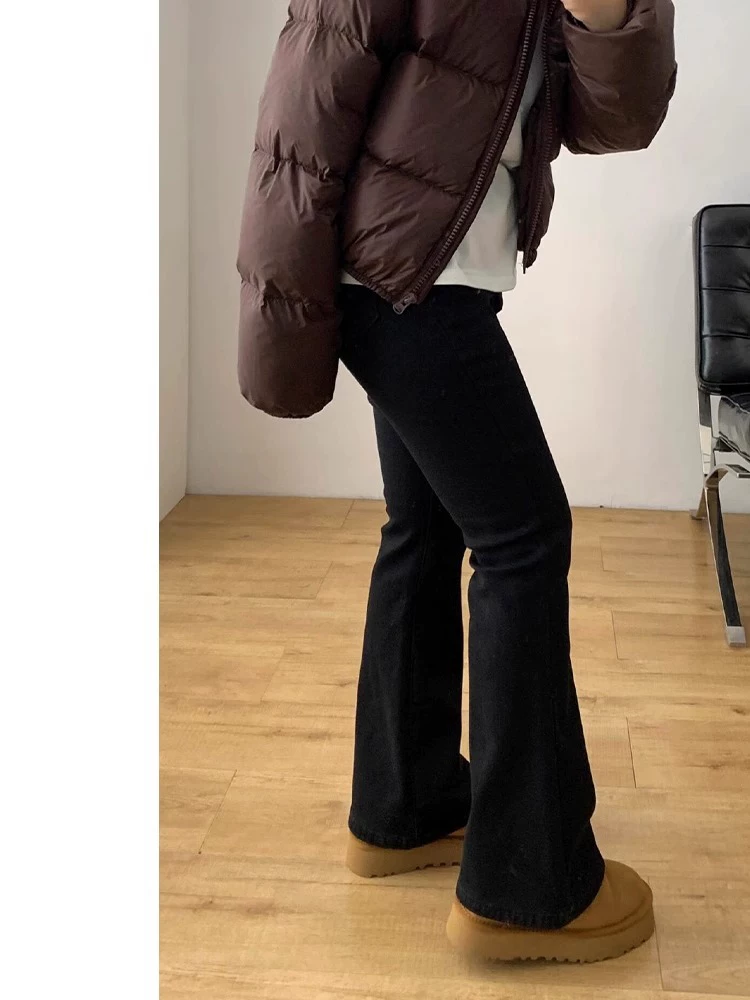 Quần jean ống loe cho nữ, mùa thu đông, lót lông cừu, cỡ lớn, lưng cao, giảm béo, dáng quả lê, phong cách đầu xuân, quần ống loe co giãn