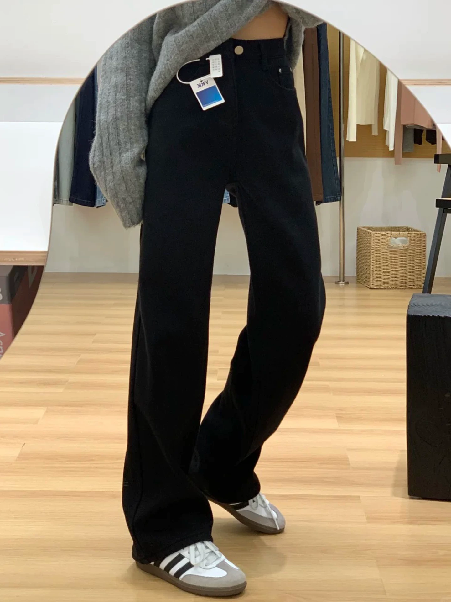 Quần jean ống đứng lót lông màu đen dành cho nữ, mùa đông, cỡ lớn, lưng cao, co giãn, giảm béo, dáng quả lê, quần ống rộng hẹp