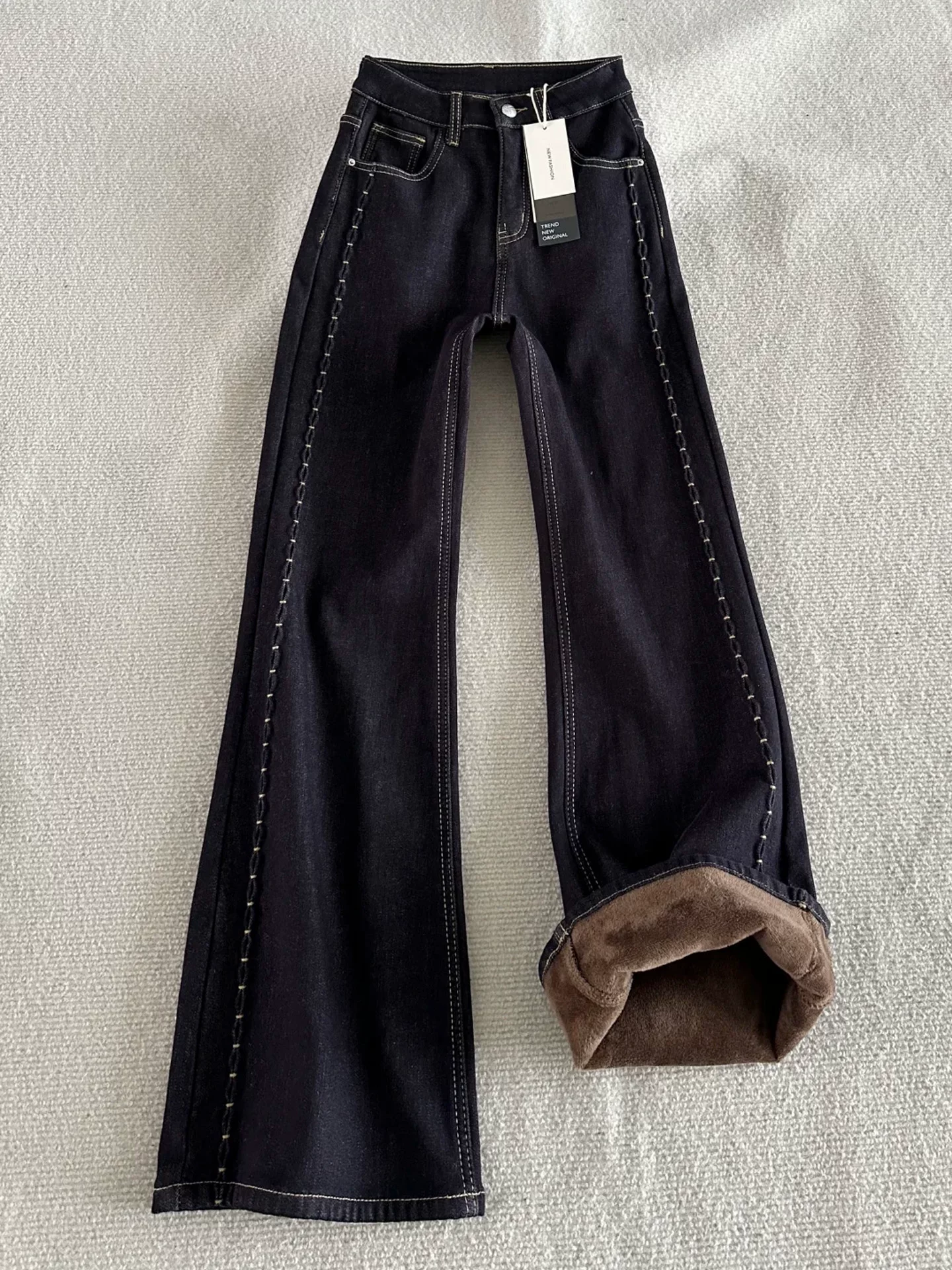 Quần jean xanh denim cạp cao dáng loe dành cho nữ, mùa đông, size lớn, lót lông cừu, dày dặn, tôn dáng, quần dài dáng loe không bó sát.