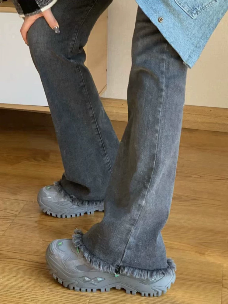 Quần jean ống loe màu đen và xám dành cho nữ, mặc đầu thu, cỡ lớn, lưng cao, co giãn, che hông, giảm béo, quần ống loe viền xù.