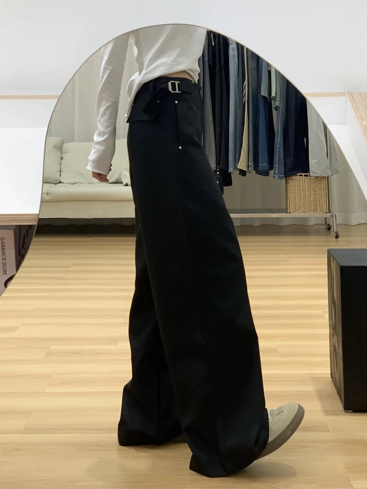 Quần tây ống rộng màu đen dành cho nữ, kiểu dáng mới mùa xuân, cỡ lớn, lưng cao, dáng rộng, thon gọn, dáng quả lê, quần thường ngày mềm mại