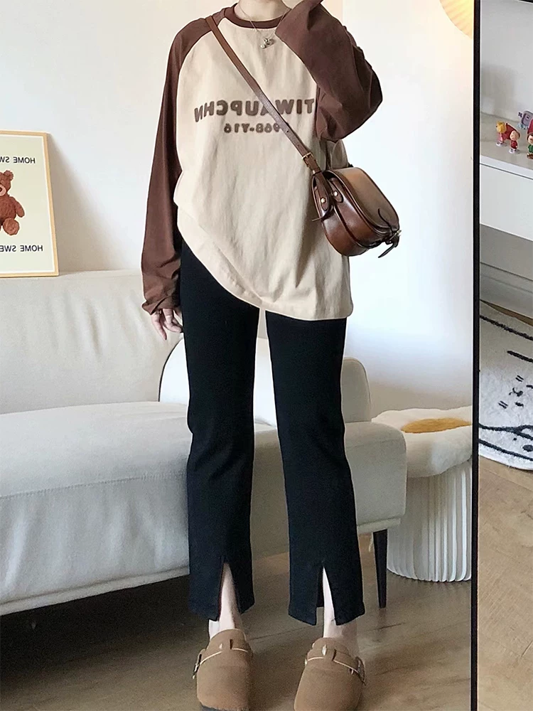 Quần jean ống thẳng dáng quả lê dành cho nữ, phong cách đầu thu, cỡ lớn, lưng cao, giảm béo, co giãn, quần xẻ tà, dài ngang đùi.