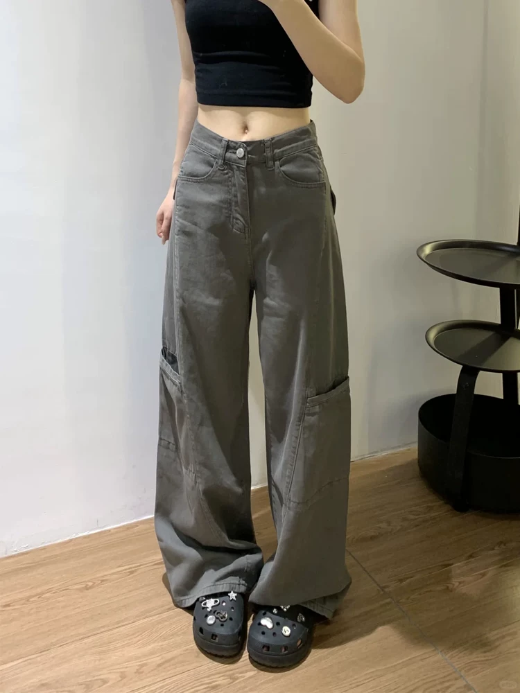 Quần jean công sở màu xám cổ điển của Mỹ dành cho nữ, phong cách mùa xuân mới, cỡ lớn, lưng cao, dáng rộng, giảm béo, quần ống rộng