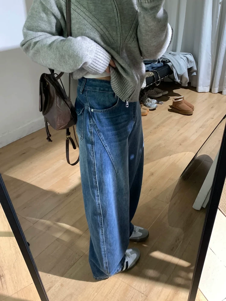 Quần jean ống thẳng màu xanh cổ điển kiểu Mỹ dành cho nữ, mùa thu đông, cỡ lớn, lưng cao, dáng rộng, dáng thon gọn, lót lông cừu, quần ống rộng.