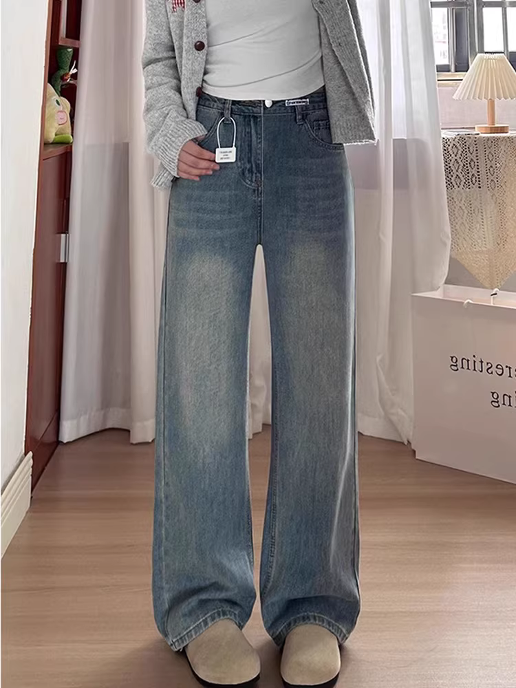 Quần jeans dáng chuông ống đứng cho nữ thu đông 2024, size lớn, cạp cao, rộng rãi, tôn dáng, ống rộng
