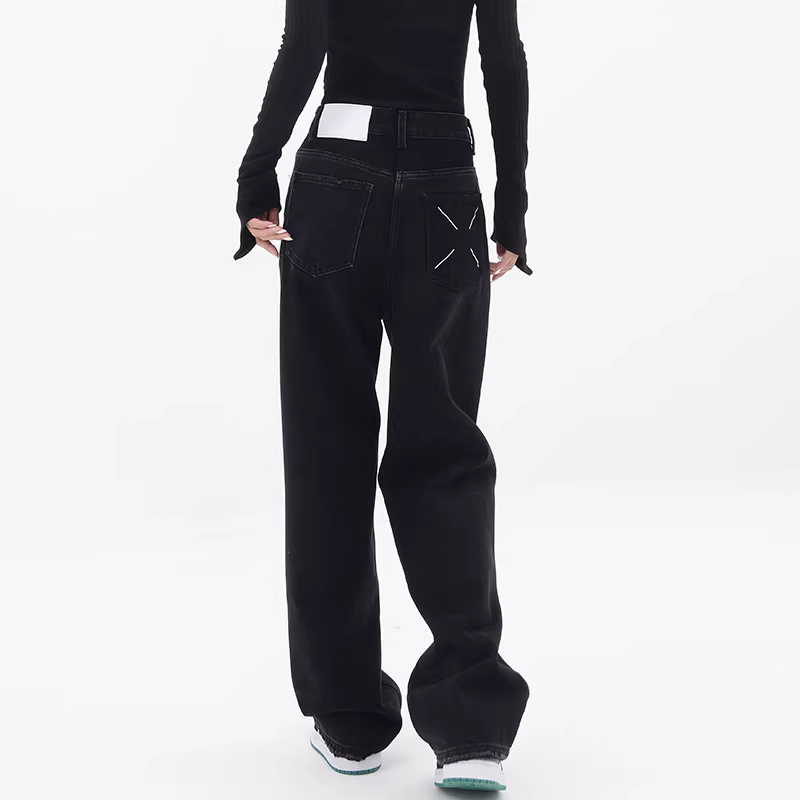 Quần jean ống thẳng lót lông cừu mùa thu đông dành cho nữ cỡ lớn, cạp cao, dáng rộng, che hông, giảm béo, mềm mại, ống rộng, quần dài đến sàn.