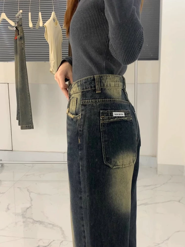 Quần jean ống thẳng kiểu Mỹ cổ điển dành cho nữ, phong cách mùa xuân mới, cỡ lớn, lưng cao, dáng rộng, che hông, giảm béo, quần ống rộng