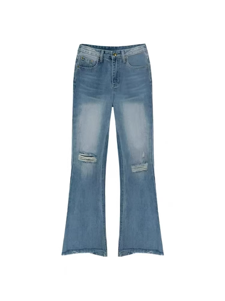 Quần jean xé rách dáng loe cho nữ, kiểu mới mùa hè, size lớn, lưng cao, tôn dáng, dành cho người có thân hình quả lê, viền rách, quần ống loe