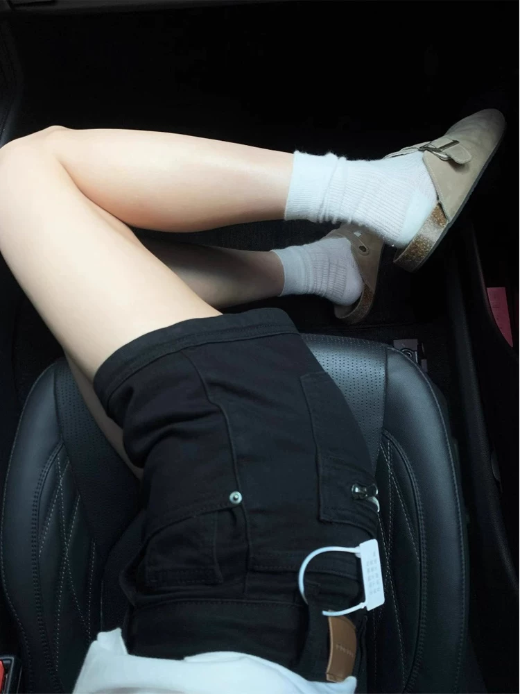 Quần short denim đen kiểu Mỹ cổ điển dành cho nữ, mùa hè, size lớn, cạp cao, co giãn, che hông, tôn dáng, kiểu dáng chữ A, dành cho các cô gái sành điệu