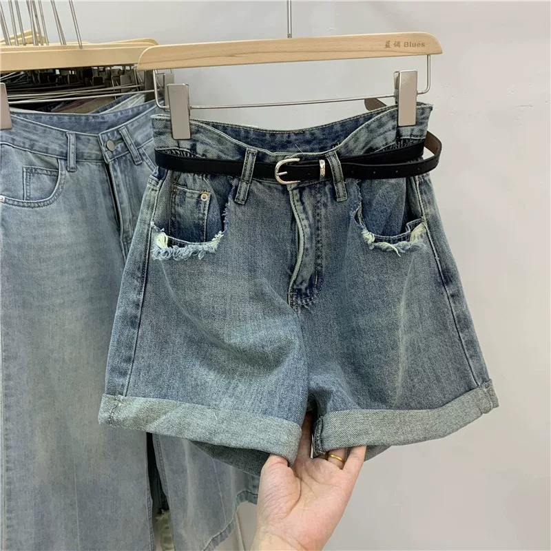 Quần short denim chữ A màu xanh cổ điển hình quả lê dành cho nữ, cỡ lớn mùa hè, lưng cao, dáng rộng, che hông, quần ống rộng, hợp thời trang.