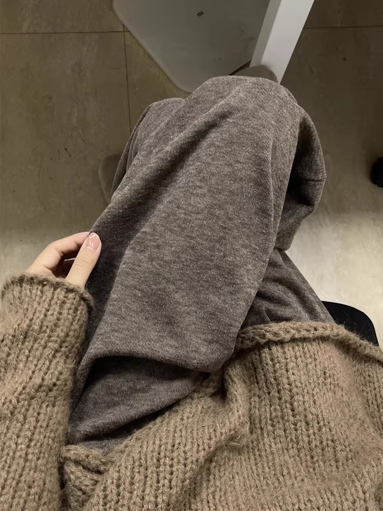 Quần gạo nếp màu cà phê Melard dành cho nữ, lót lông cừu mùa đông, cỡ lớn, lưng cao, che hông, dáng suôn, tôn dáng, quần ống rộng.