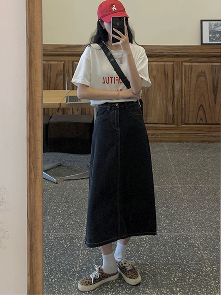 Phong cách mới mùa hè dành cho phụ nữ hơi mũm mĩm, dáng quả lê, che hông, giảm béo, váy denim chữ A dài vừa phải, cạp cao