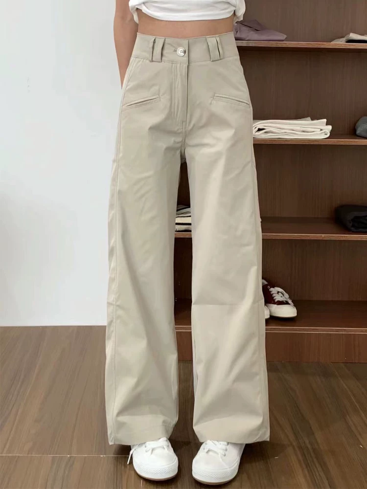 Quần cargo kiểu vest màu kaki dành cho nữ, mùa hè, cỡ lớn, thiết kế thời trang, cạp cao, dáng rộng, che hông, tôn dáng, quần ống rộng thường ngày.