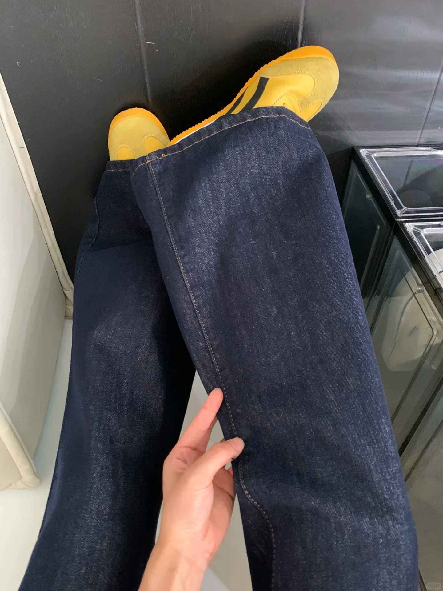 Quần jean bootcut màu xanh đậm dành cho nữ, mùa thu, cỡ lớn, lưng cao, dáng rộng, tôn dáng, quần ống loe nhỏ nhắn
