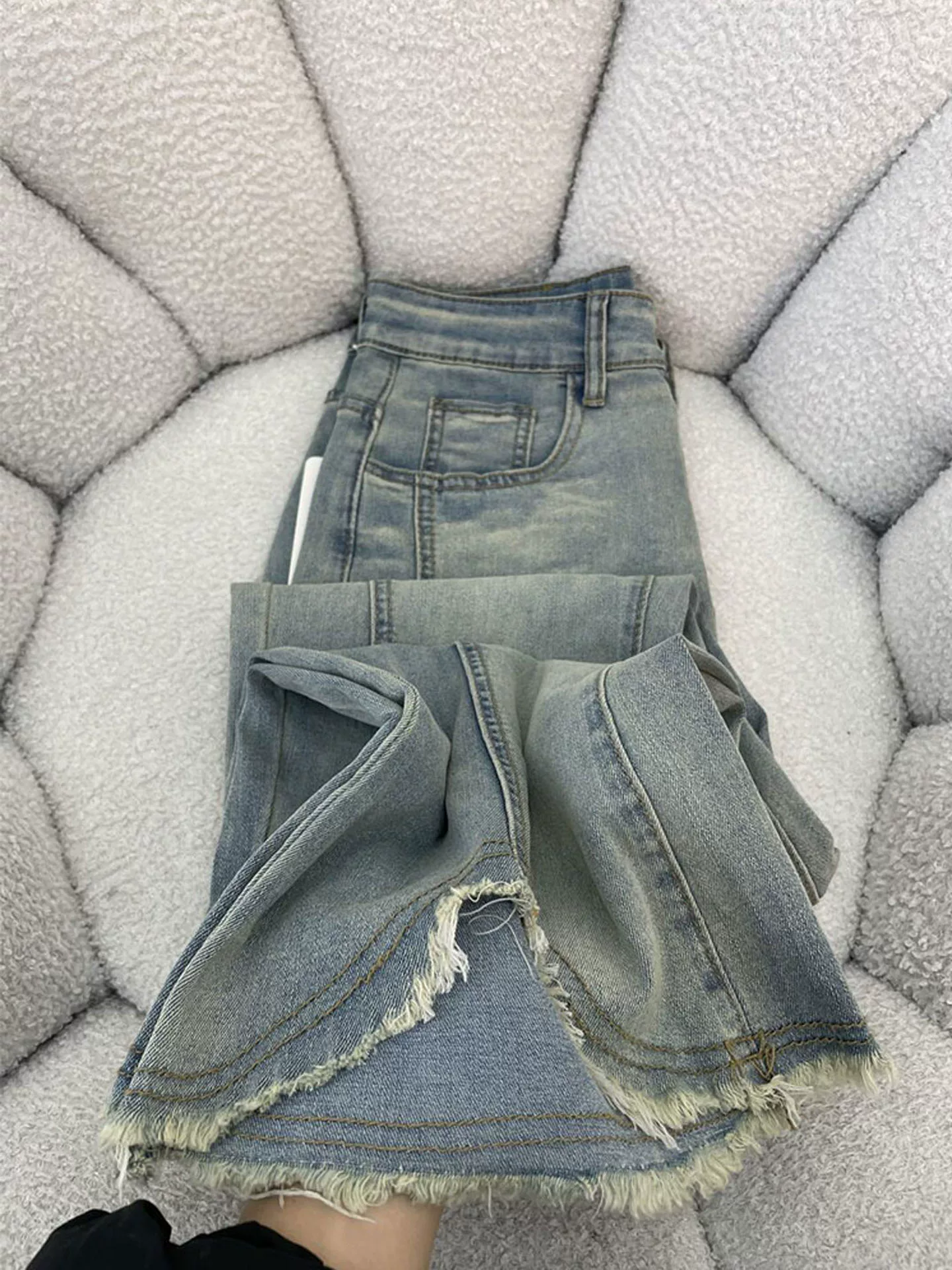 Quần jean xẻ tà màu xanh nhạt dành cho nữ, kiểu dáng mùa thu mới, cỡ lớn, lưng cao, co giãn, che hông, giảm béo, quần ống chuông.