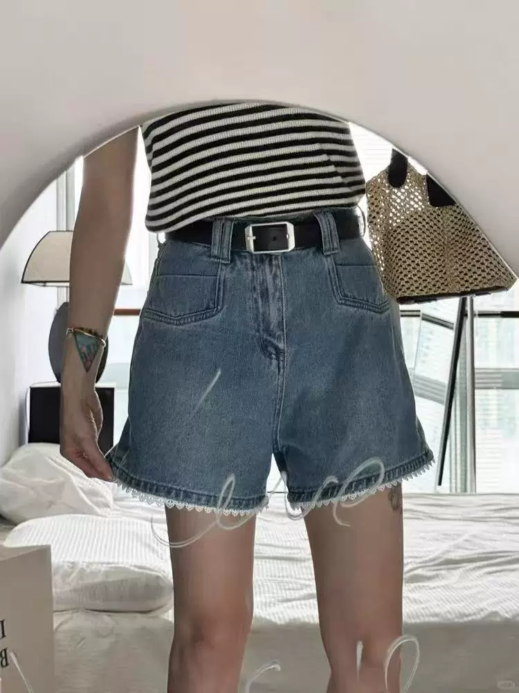 Quần short denim viền ren dành cho nữ, phong cách mùa hè, cỡ lớn, lưng cao, co giãn, che hông, giảm béo, quần ống rộng chữ A.
