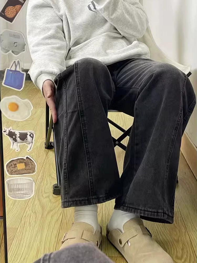 Quần jean ống đứng màu đen và xám dành cho nữ, cỡ lớn, mùa thu đông, lót lông cừu, dày dặn, sành điệu, cạp cao, giảm béo, quần ống rộng.