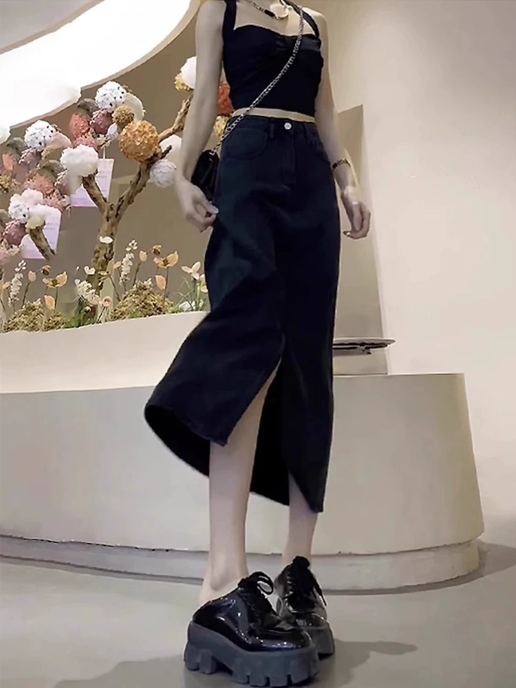 Váy Tencel xẻ tà hình quả lê dành cho nữ, kiểu dáng mỏng mùa hè, cỡ lớn, lưng cao, váy chữ A denim thon gọn.