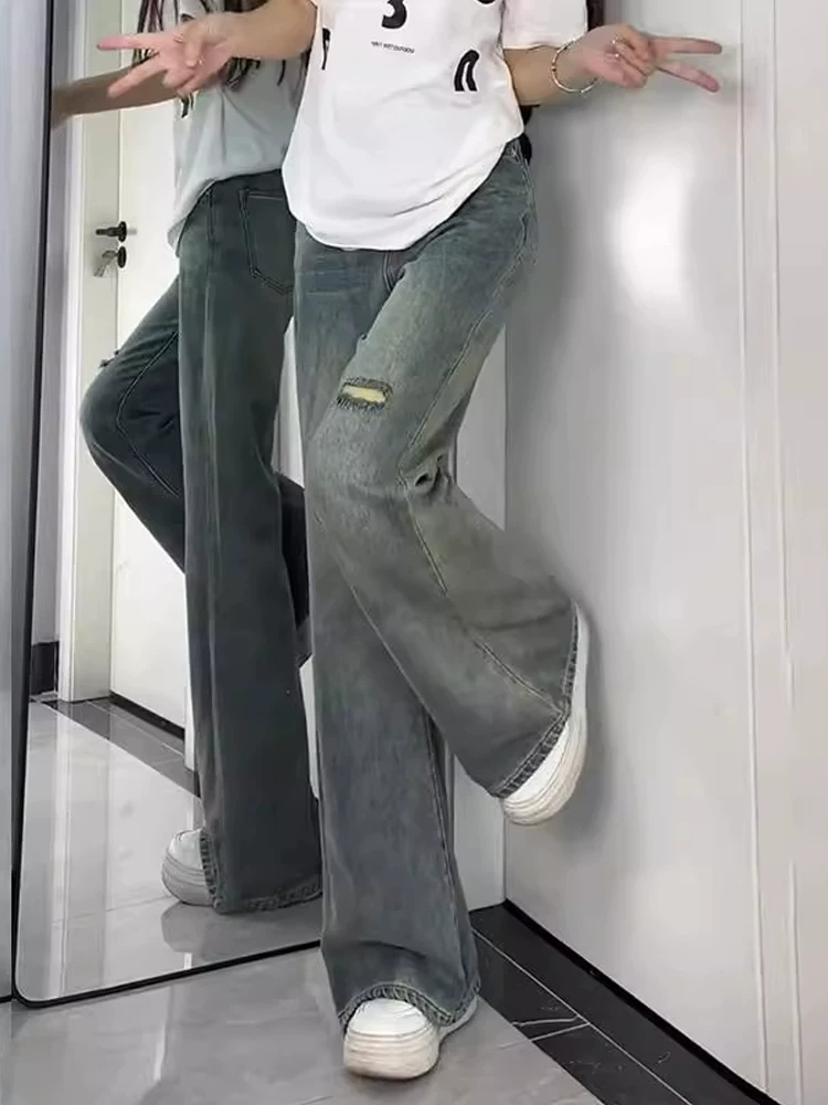 Quần jeans rách dáng loe dành cho nữ, mùa thu, size lớn, cạp cao, co giãn, tôn dáng, dành cho người có dáng quả lê, quần ống chuông