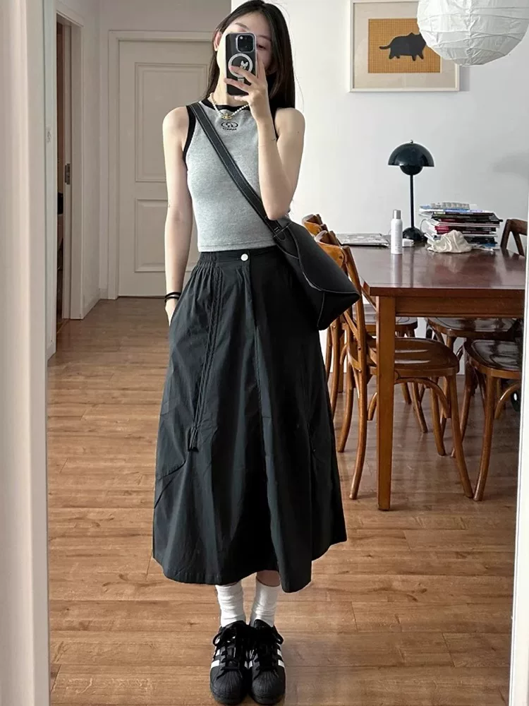 Váy công sở kiểu Mỹ dành cho nữ, cỡ lớn mùa hè, cạp cao, che hông, váy chữ A che hông, dáng dài vừa phải, váy nhanh khô.