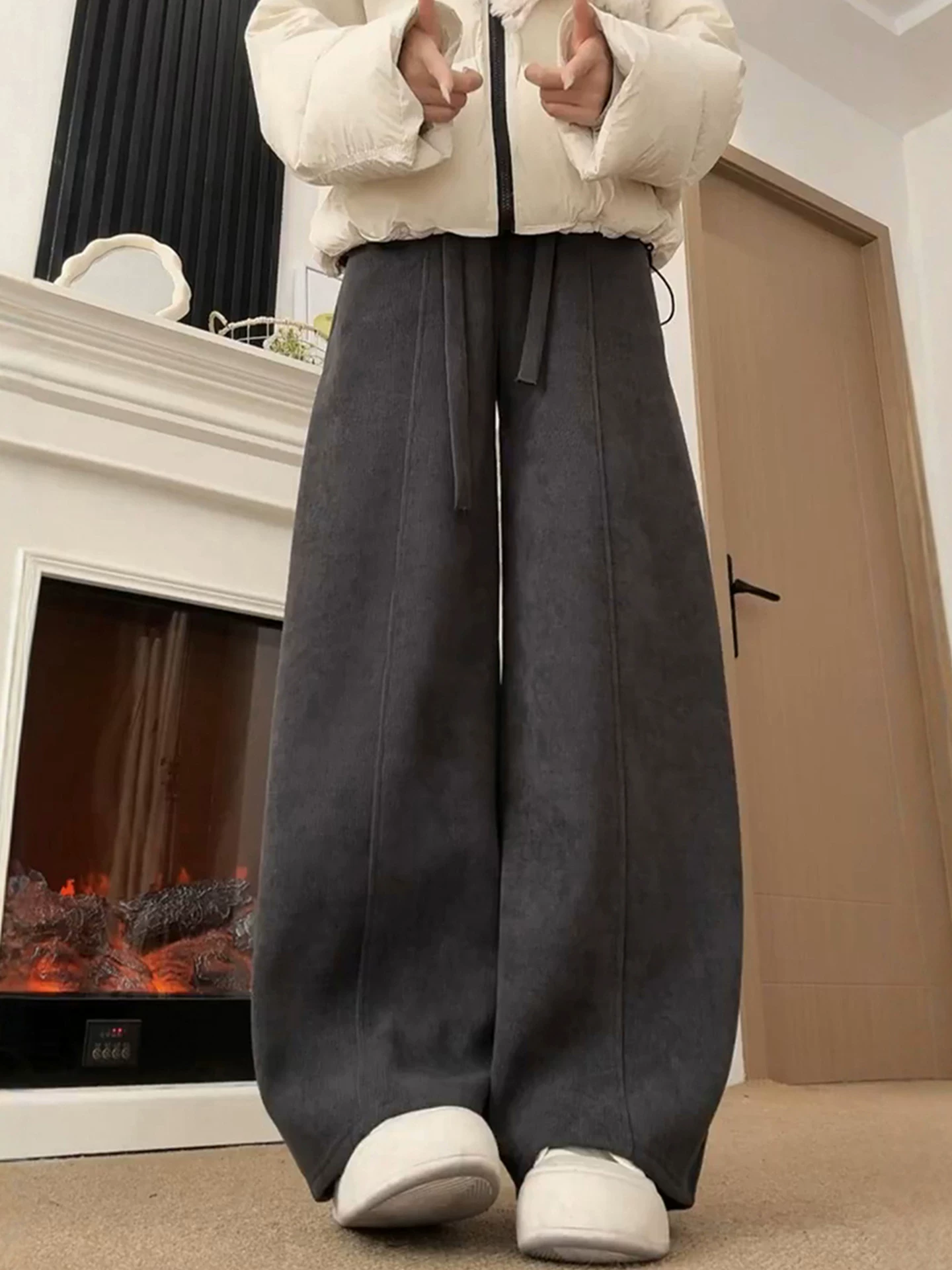Quần ống rộng dáng suông cho nữ, mùa thu đông, cỡ lớn, lưng cao, dáng suôn, tôn dáng, lót lông cừu, dày dặn, dáng quả lê, quần ống rộng