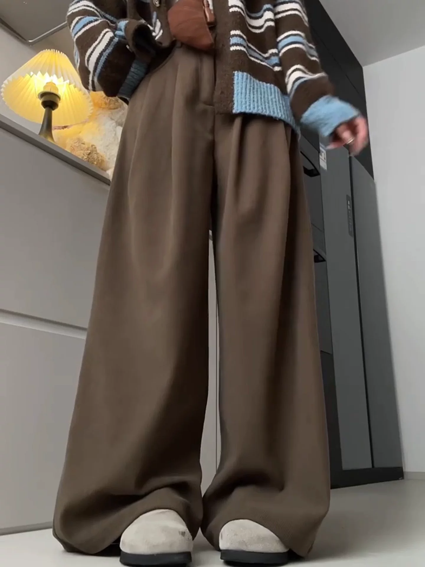 Quần ống rộng bằng vải nhung màu cà phê Melard dành cho nữ, lót lông cừu mùa đông, dày dặn, cỡ lớn, lưng cao, dáng rộng, giảm béo, quần thường ngày.