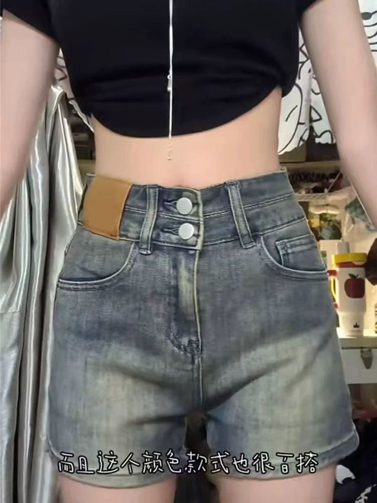 Quần short denim cổ điển kiểu Mỹ dành cho nữ, cỡ lớn mùa hè, cạp cao, co giãn, thon gọn, quần ống rộng dáng chữ A nhỏ nhắn.