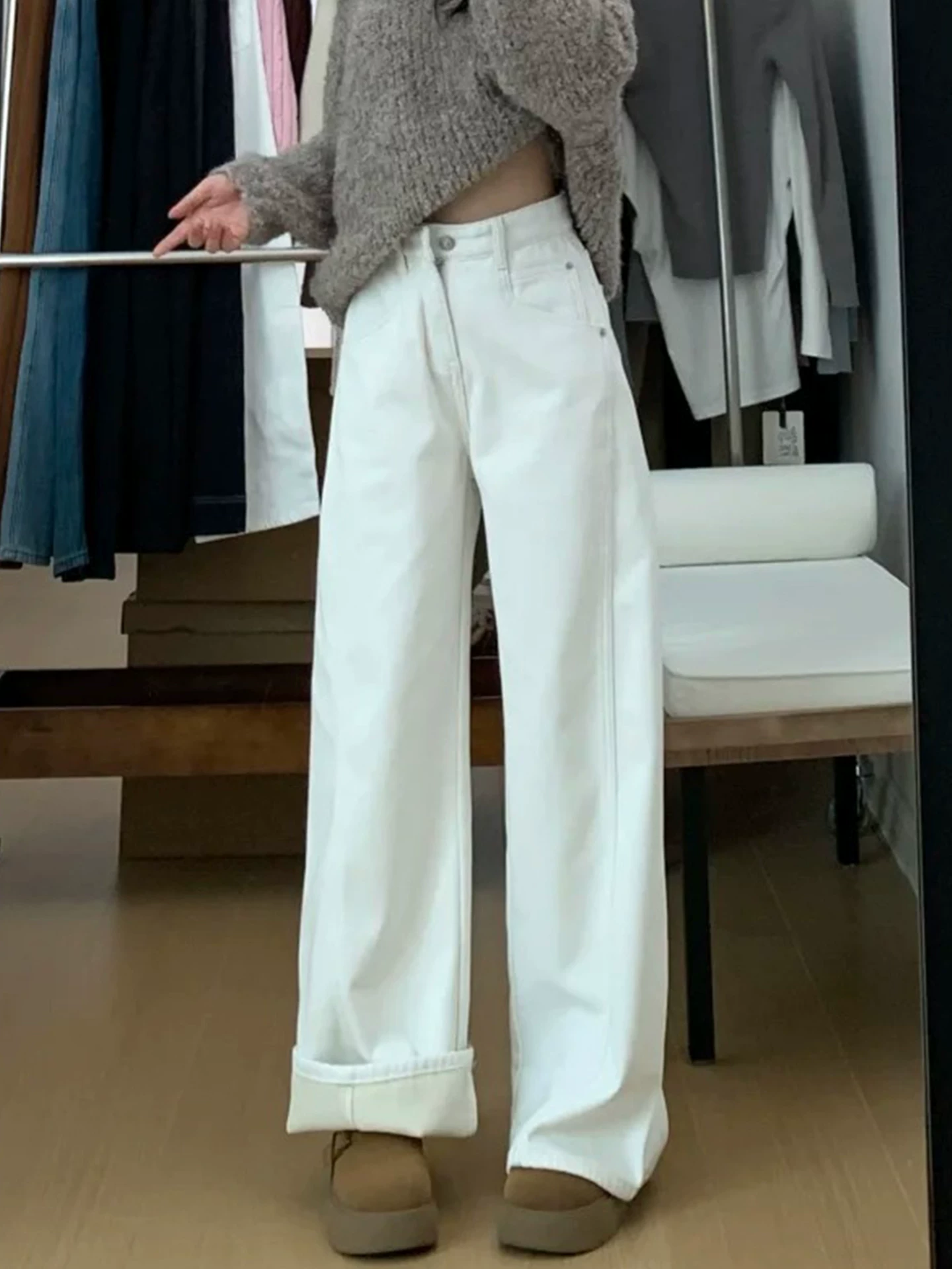 Quần jean nữ ống rộng màu trắng, lót lông cừu mùa đông, dày dặn, size lớn, cạp cao, dáng rộng, mềm mại, tôn dáng, quần ống rộng.