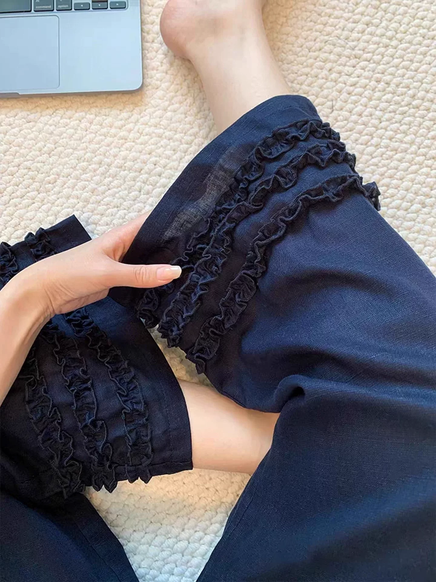 Quần vải lanh xòe màu xanh hải quân dành cho nữ, kiểu dáng mỏng mùa hè, cỡ lớn, lưng cao, dáng rộng, dáng rộng, quần ống rộng lười biếng.