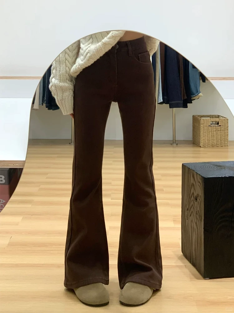 Quần jean ống loe dày lót lông cừu màu nâu dành cho nữ, mùa thu đông, cỡ lớn, lưng cao, co giãn, che hông, giảm béo, quần ống loe.