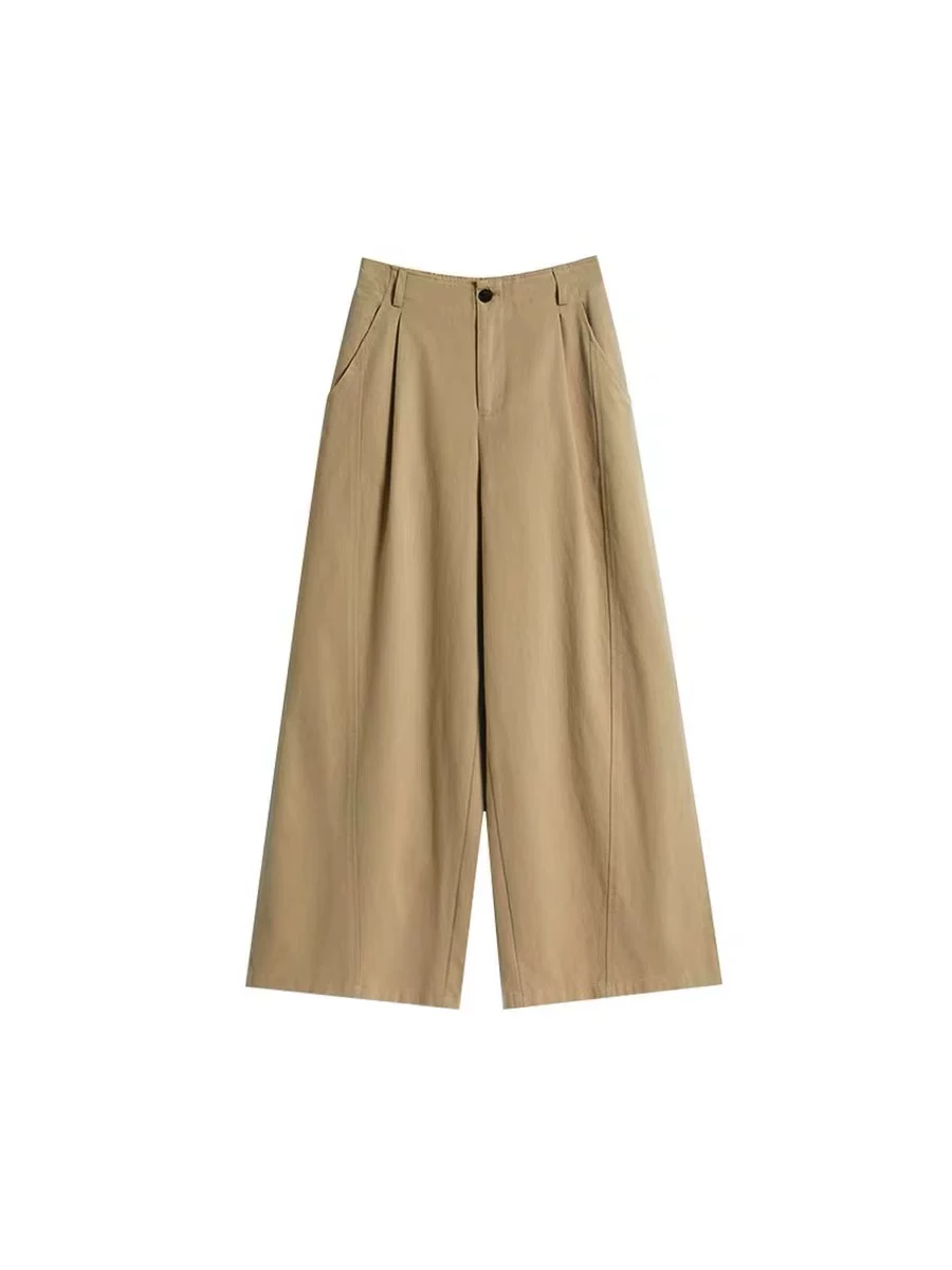 Quần kaki dáng lửng dành cho nữ, kiểu dáng mùa thu mới, cỡ lớn, lưng cao, dáng rộng, tôn dáng, quần ống rộng kiểu công sở thoải mái.