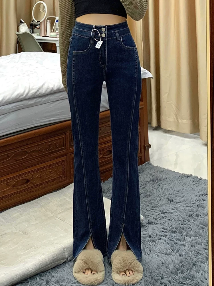 Quần jean dáng chữ lê, xẻ tà hơi rộng dành cho nữ, cỡ lớn, đầu thu, lưng cao, co giãn, che hông, giảm béo, quần ống thẳng